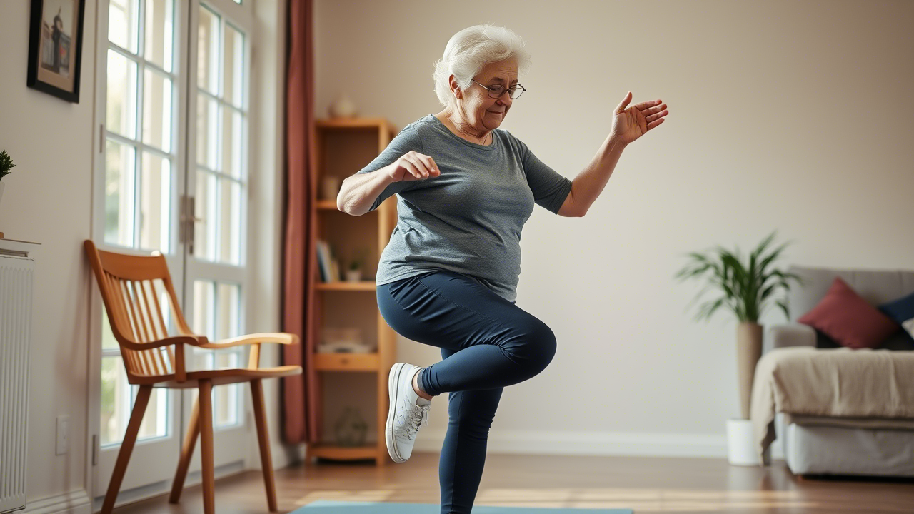 Gleichgewichtsübungen für Senioren Ältere Frau beim Gleichgewichtstraining zu Hause