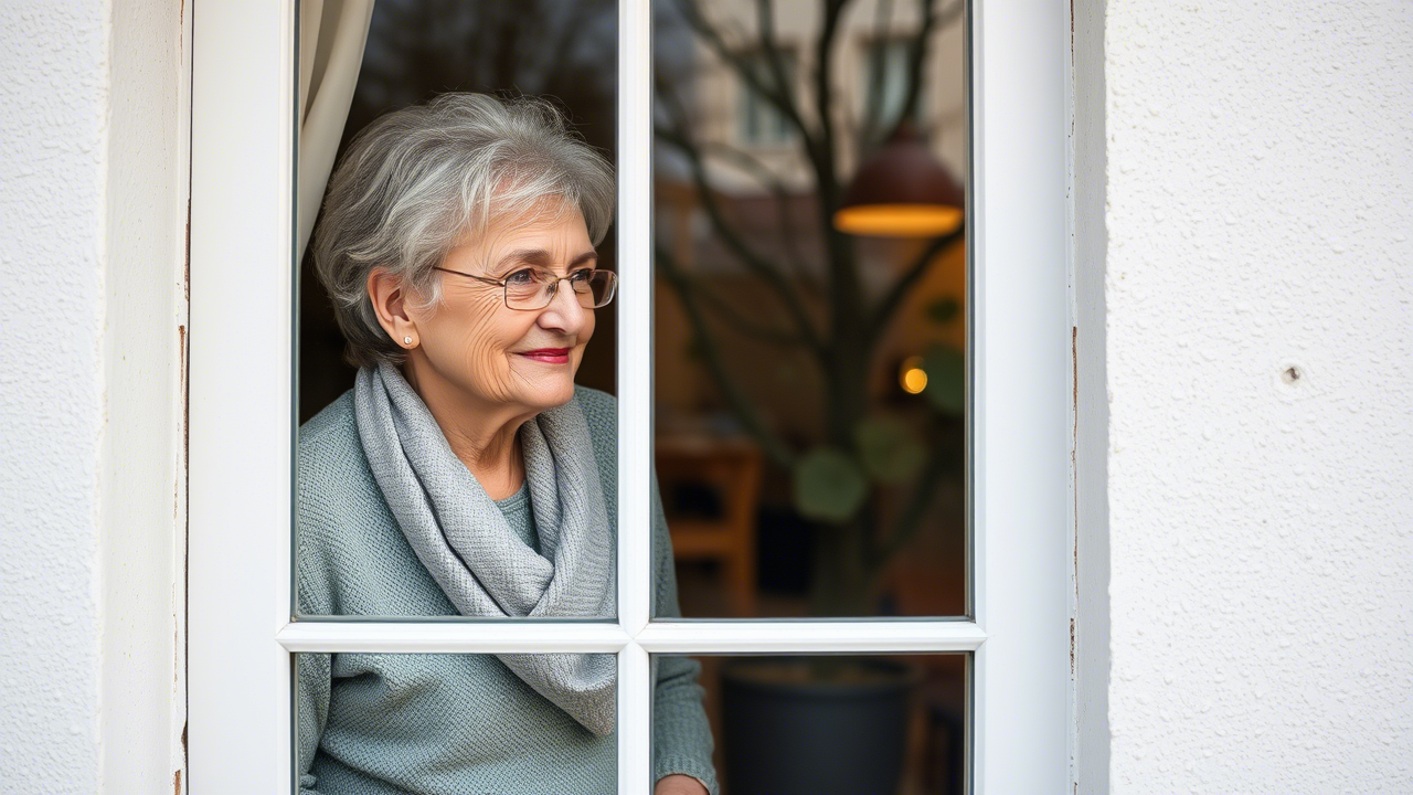 Kleine gesunde Gewohnheiten für den Alltag Ältere Frau blickt zufrieden aus dem Fenster