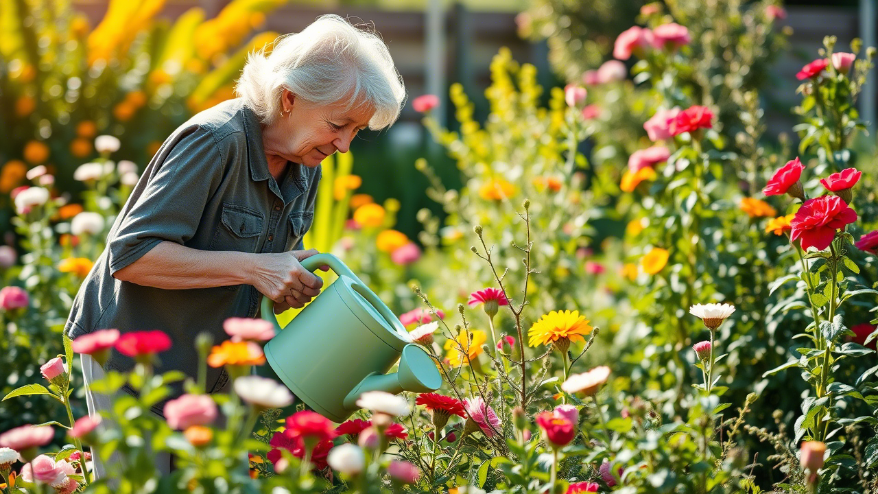 Ältere Frau gießt morgens Blumen