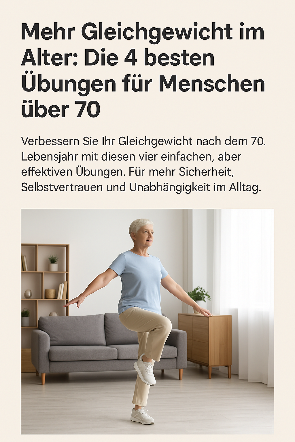 Ältere Frau macht Gleichgewichtsübung zu Hause