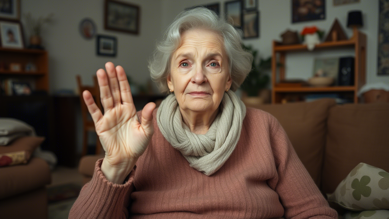 Ältere Frau sagt Nein mit ruhigem Gesichtsausdruck