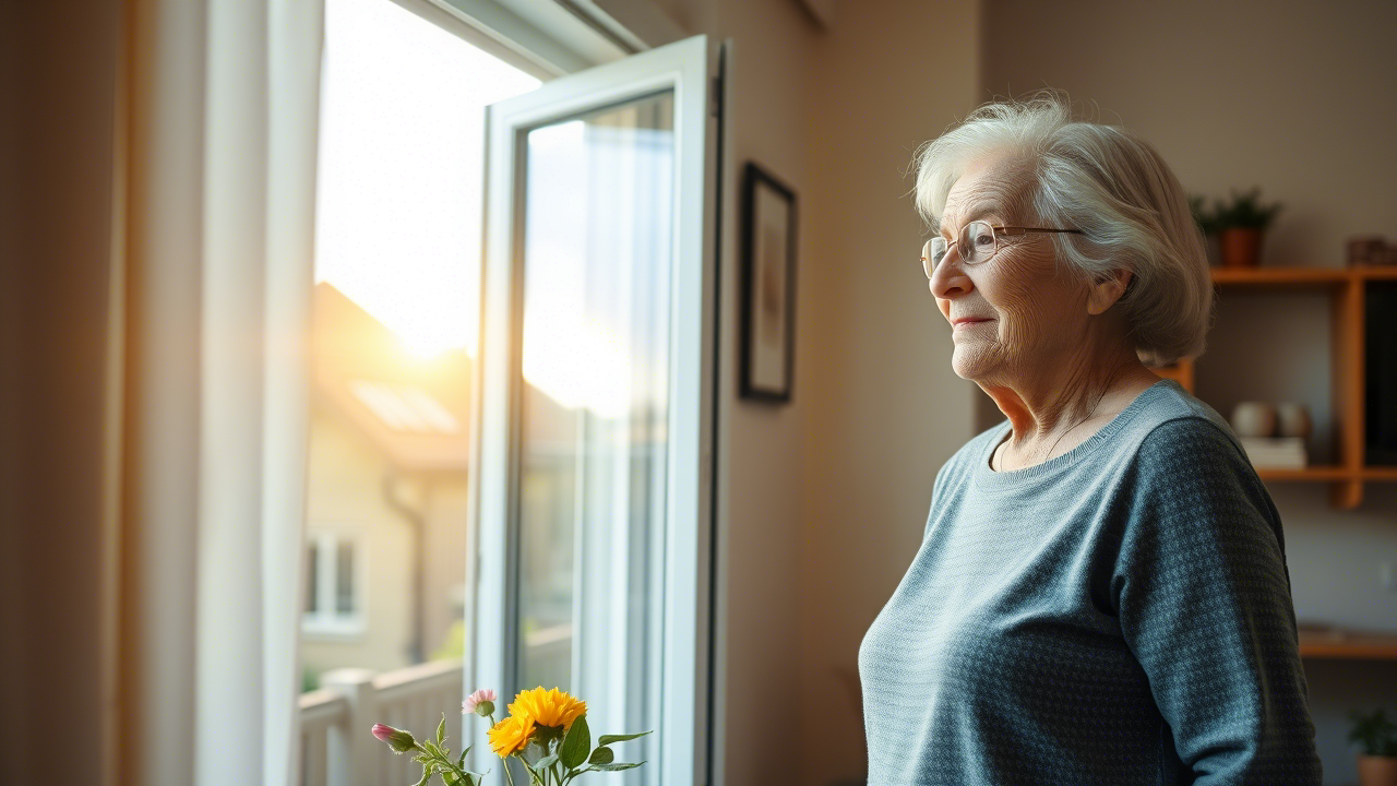 Ältere Frau schaut morgens mit Hoffnung aus dem Fenster