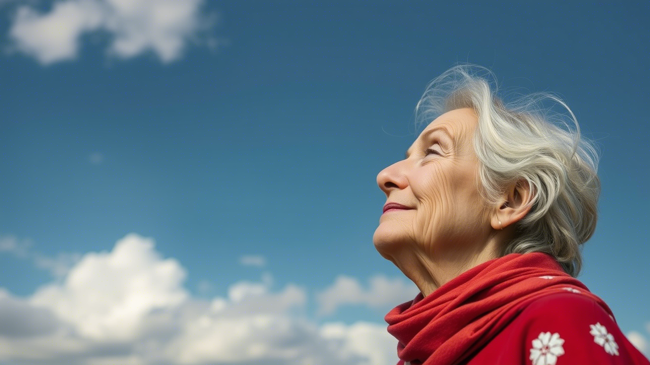 Ältere Frau schaut ruhig in den Himmel