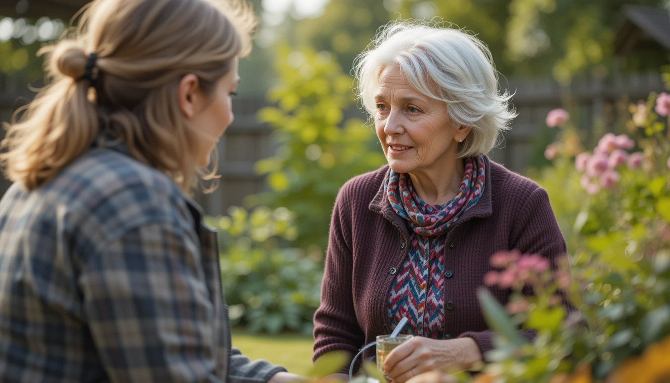 Ältere Frau spricht mit Nachbarin über den Gartenzaun
