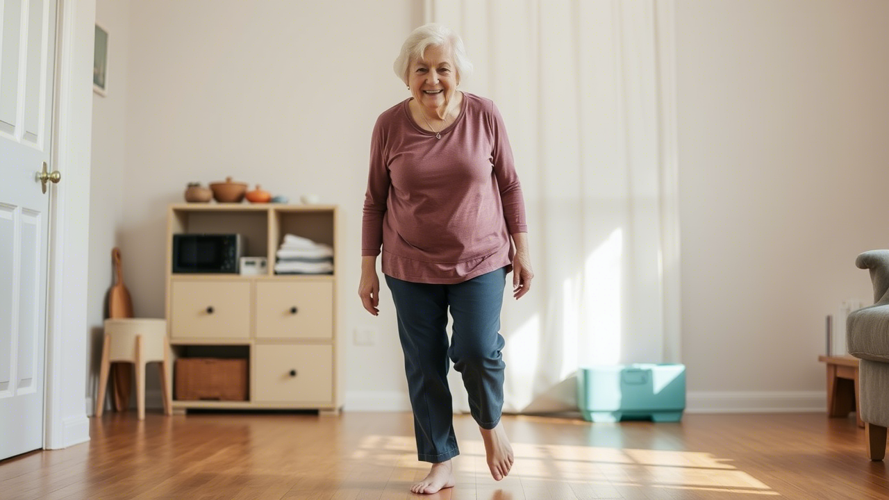 Ältere Frau steht selbstständig vom Boden auf