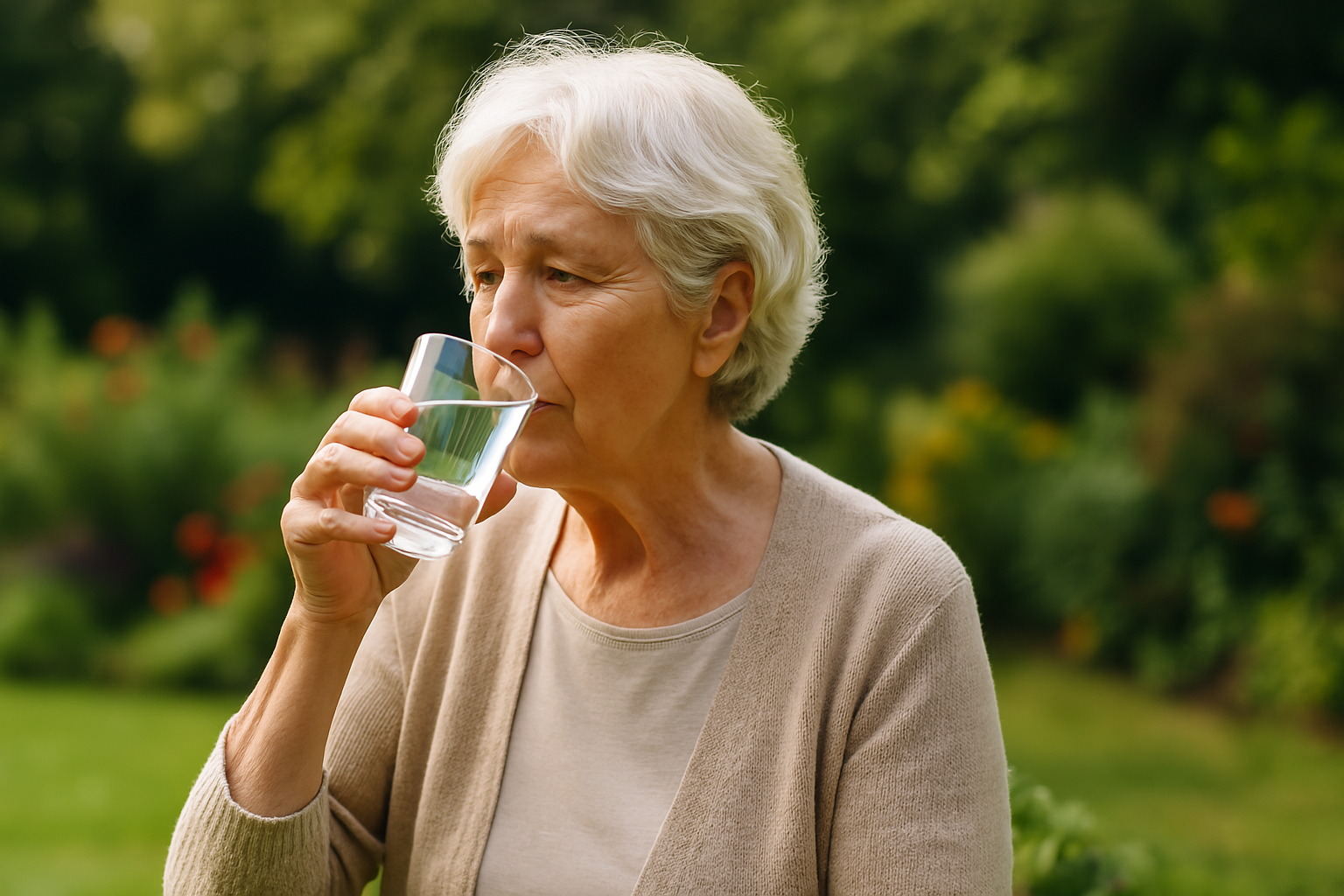Ältere Frau trinkt Wasser in einem Garten