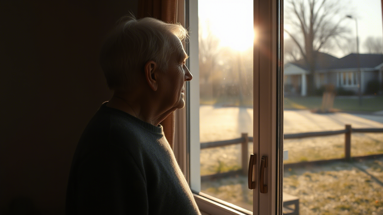 Ältere Person blickt aus dem Fenster in den Morgen