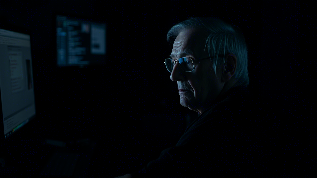 Ältere Person sitzt im Dunkeln vor einem Bildschirm