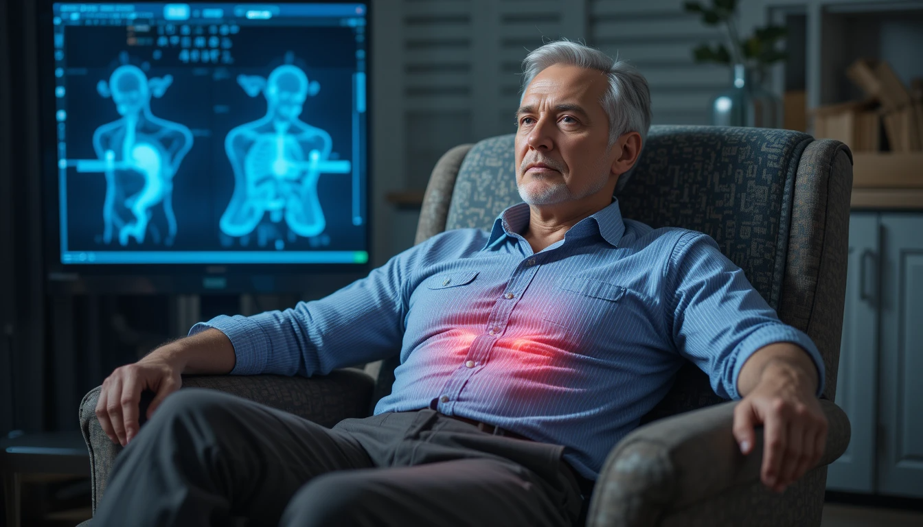 Älterer Mann entspannt in einem Sessel mit medizinischer Grafik zur Prostata