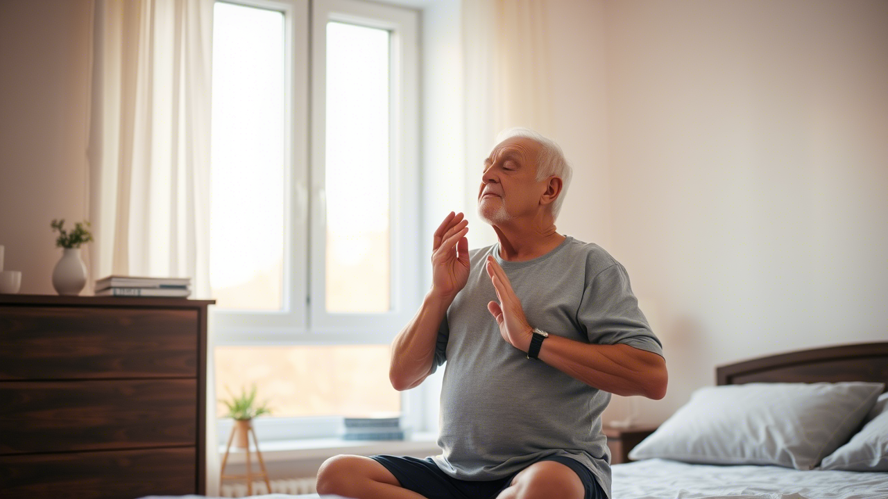 Älterer Mann macht Atemübung am Fenster