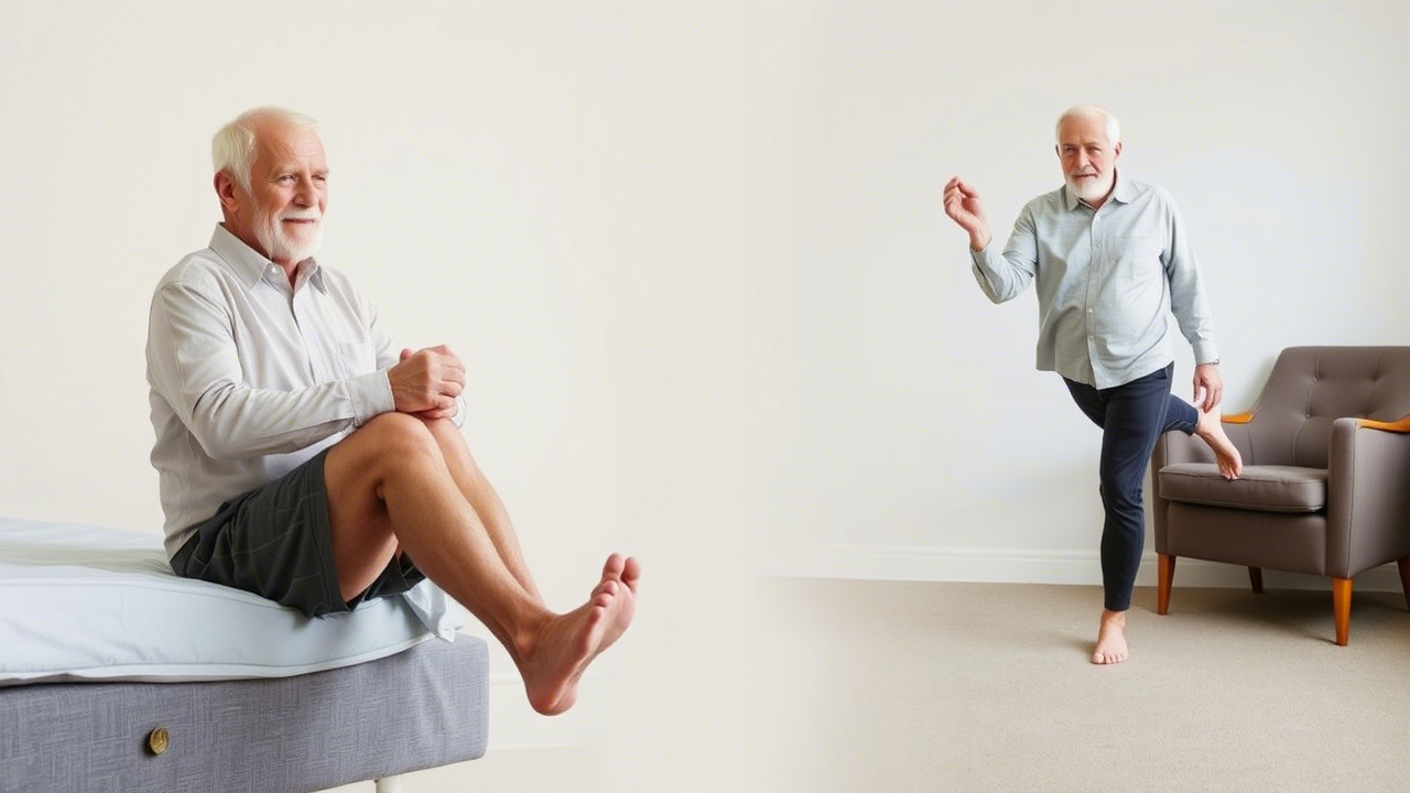 Beinaktivierungsübungen für Senioren Älterer Mann macht Beinübungen im Wohnzimmer