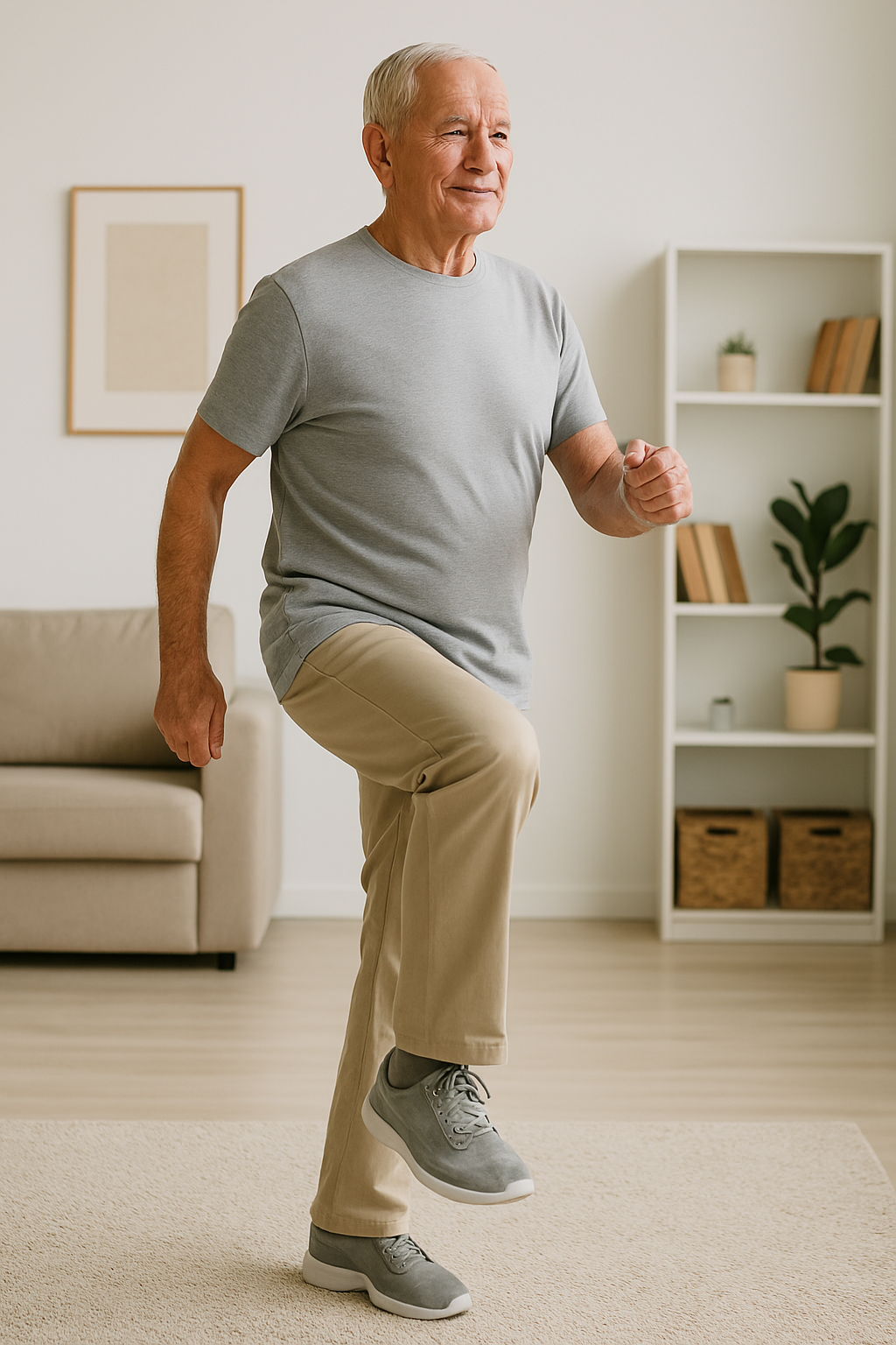 Älterer Mann marschiert auf der Stelle