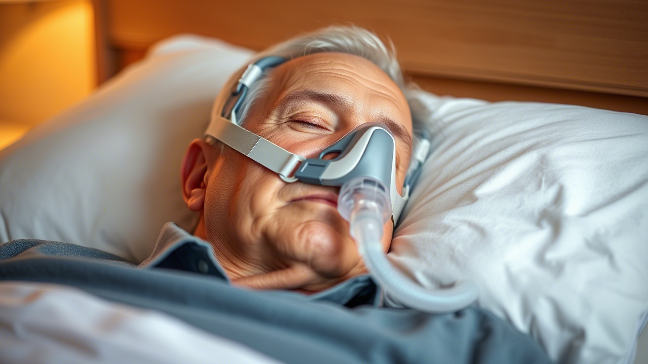 Älterer Mann mit CPAP-Maske schläft ruhig