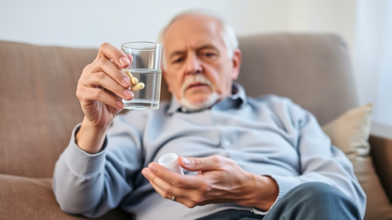 Medikamente mit Wasser einnehmen Älterer Mann nimmt Tabletten mit Wasser ein