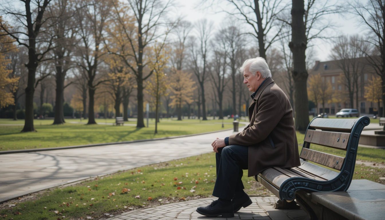 Älterer Mann sitzt allein auf einer Bank im Park