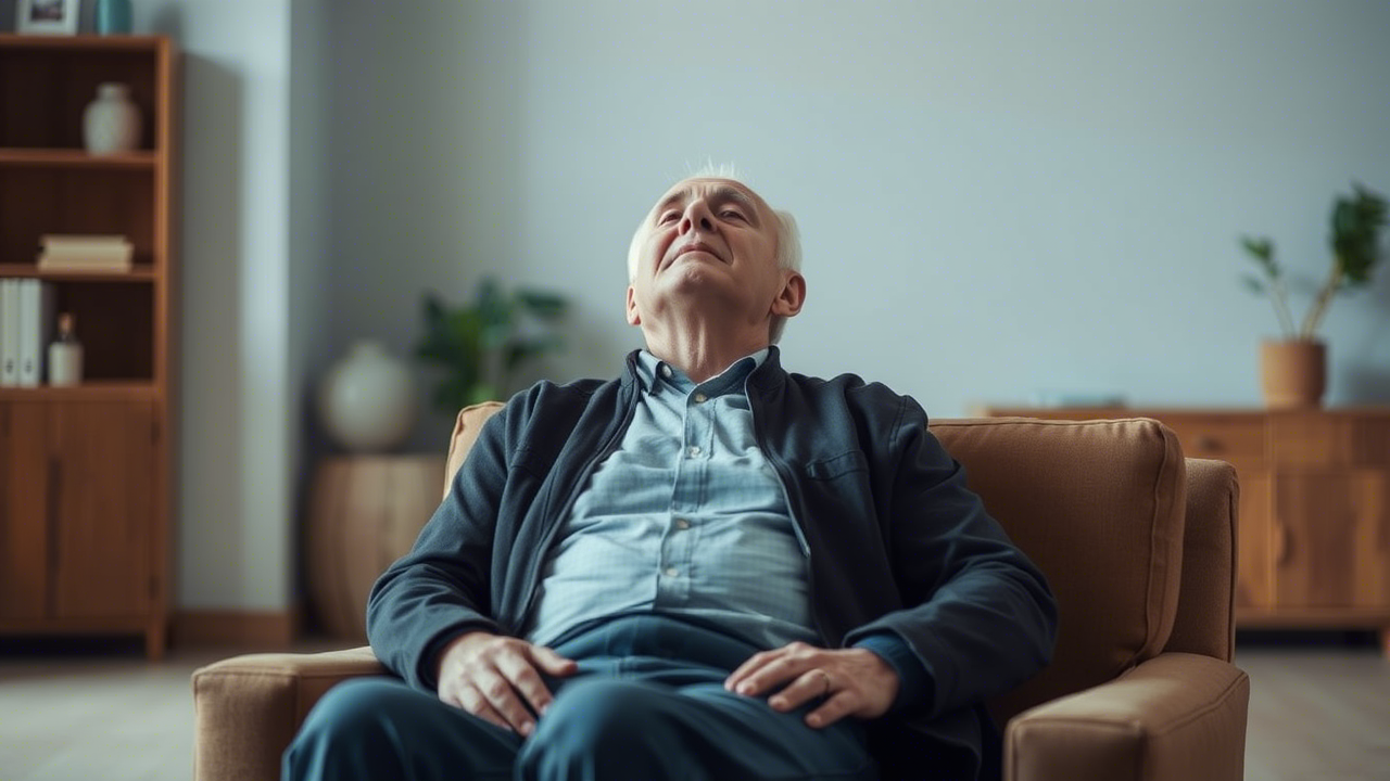 Aufrechte Haltung und tiefe Atmung für mehr Energie Älterer Mann sitzt aufrecht und atmet tief