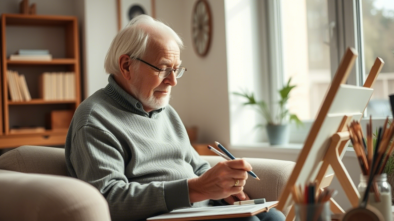 Kreativität im Alter Älterer Mann zeichnet Aquarell