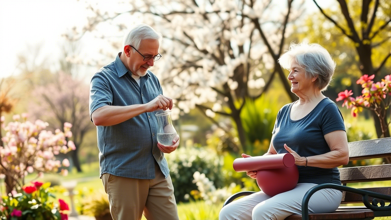 Gesunder Start in den Tag Älteres Paar bei gesunder Morgenroutine