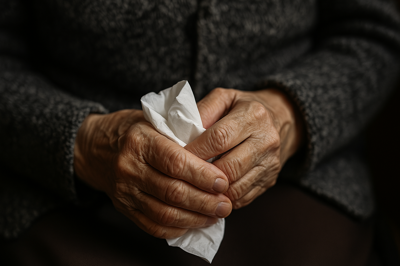 Hände einer trauernden älteren Person mit Taschentuch