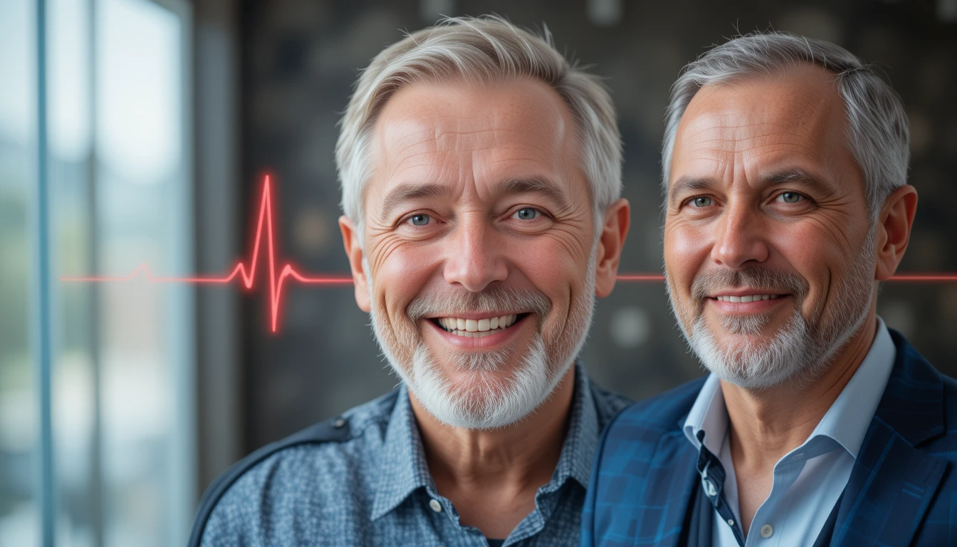 Herzsymbol mit EKG-Linie und glücklichem älteren Mann