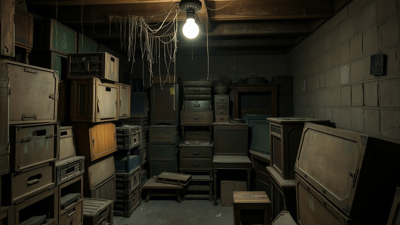 Kellerraum voller alter Kisten und Möbel