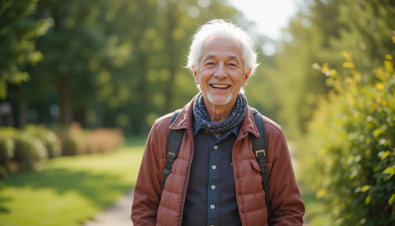 Lächelnder Senior beim Spaziergang, positive Ausstrahlung