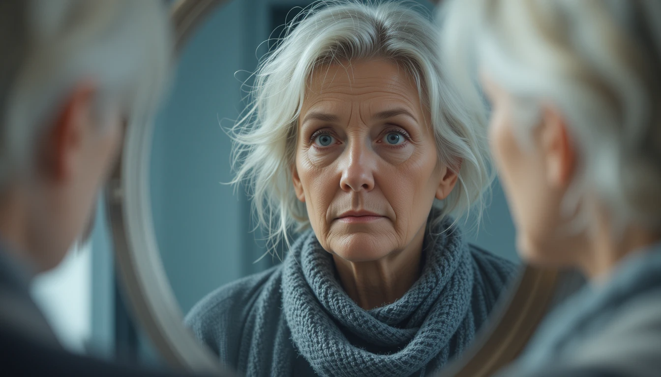 Nachdenkliche ältere Frau blickt in den Spiegel