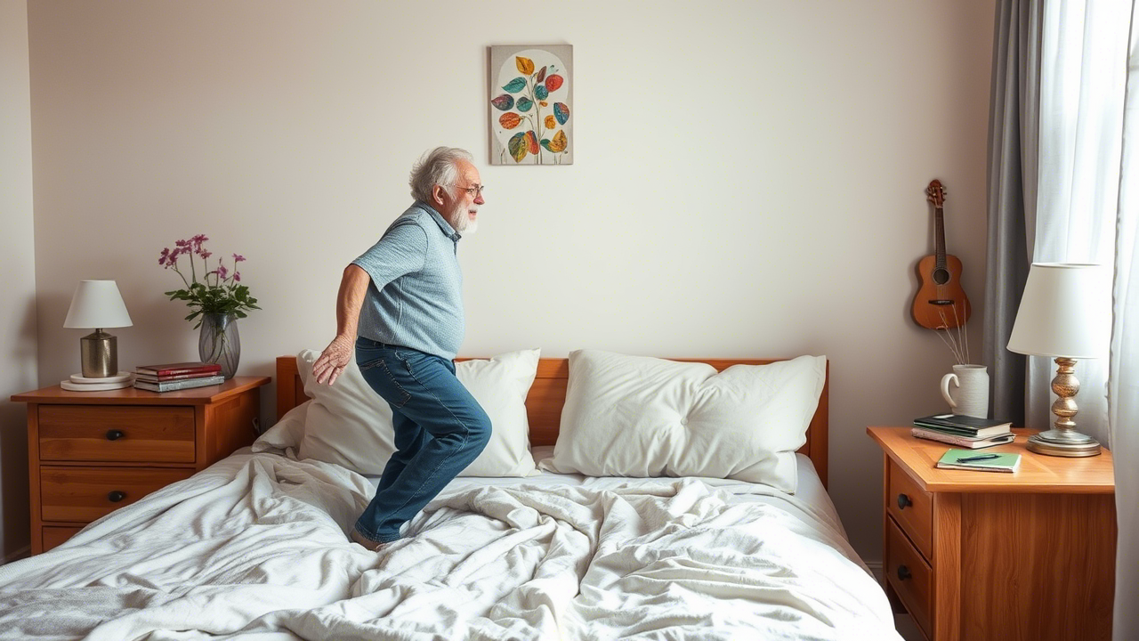 Senior richtet sich morgens vorsichtig auf Senior richtet sich morgens vorsichtig auf