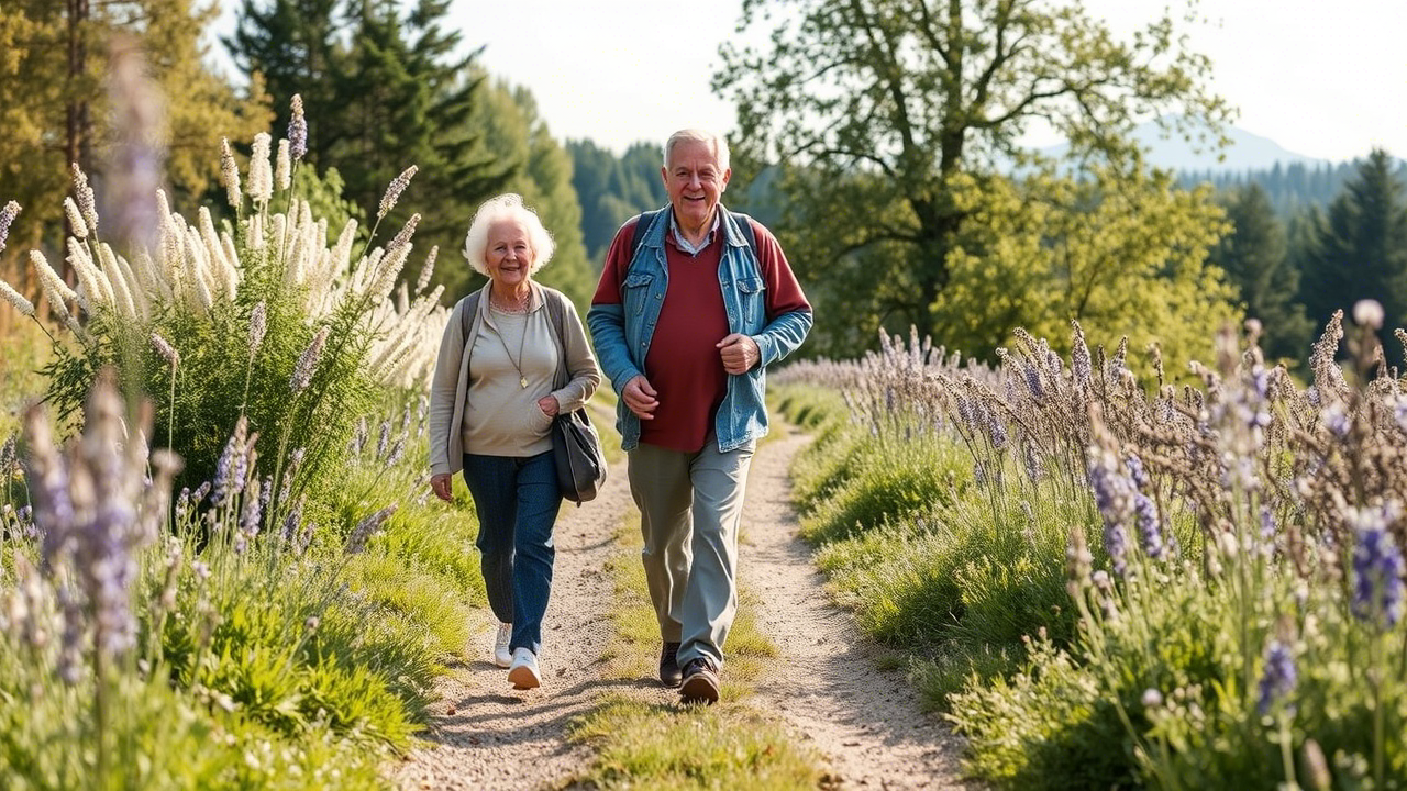 Senior spaziert frei und gelassen durch die Natur
