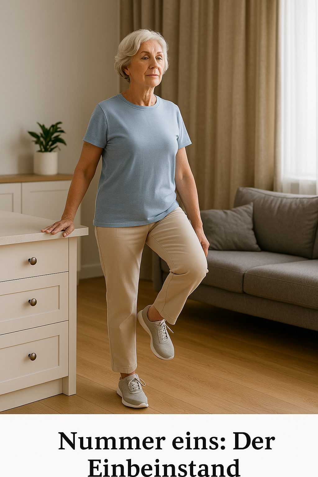 Senior steht auf einem Bein zur Übung