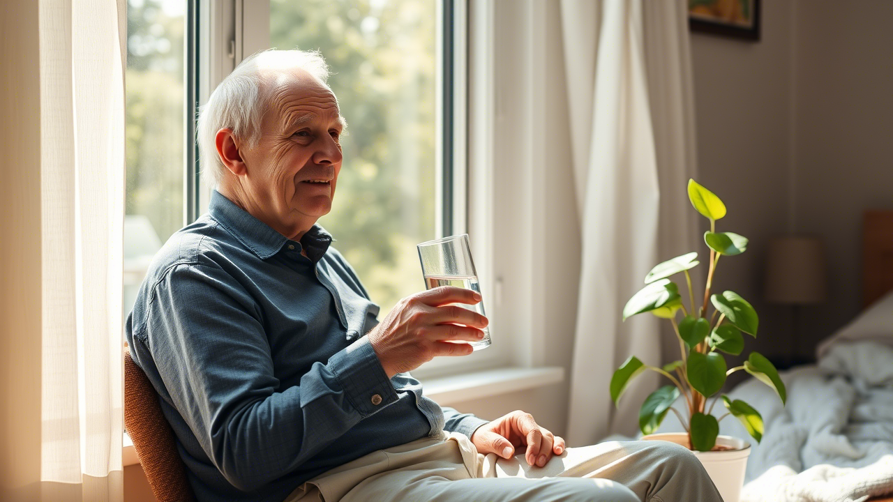 Senior trinkt morgens Wasser Senior trinkt morgens Wasser