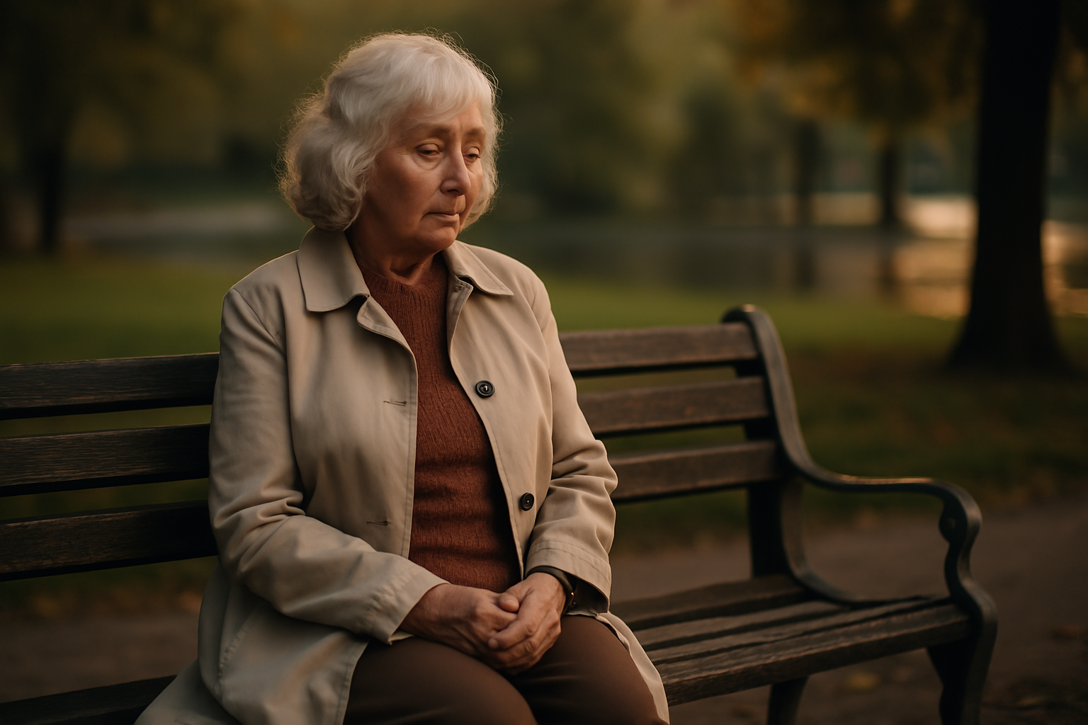 Seniorin allein auf Parkbank in Gedanken versunken