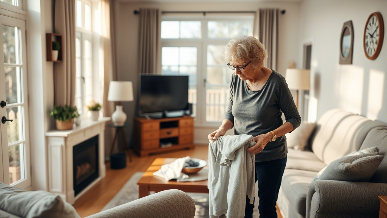 Seniorin übernimmt den Haushalt Seniorin erledigt Hausarbeit allein