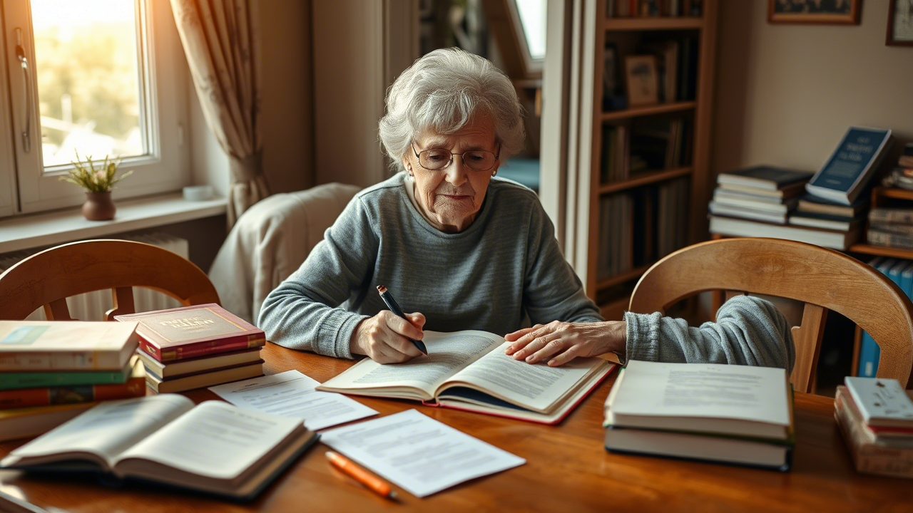 Ältere Frau mit neuen Interessen Seniorin lernt alleine Italienisch