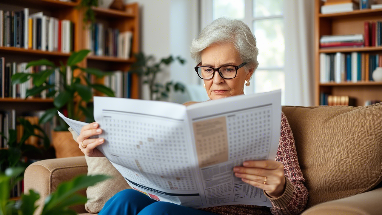 Geistige Herausforderungen für ein waches Gehirn Seniorin löst ein Kreuzworträtsel