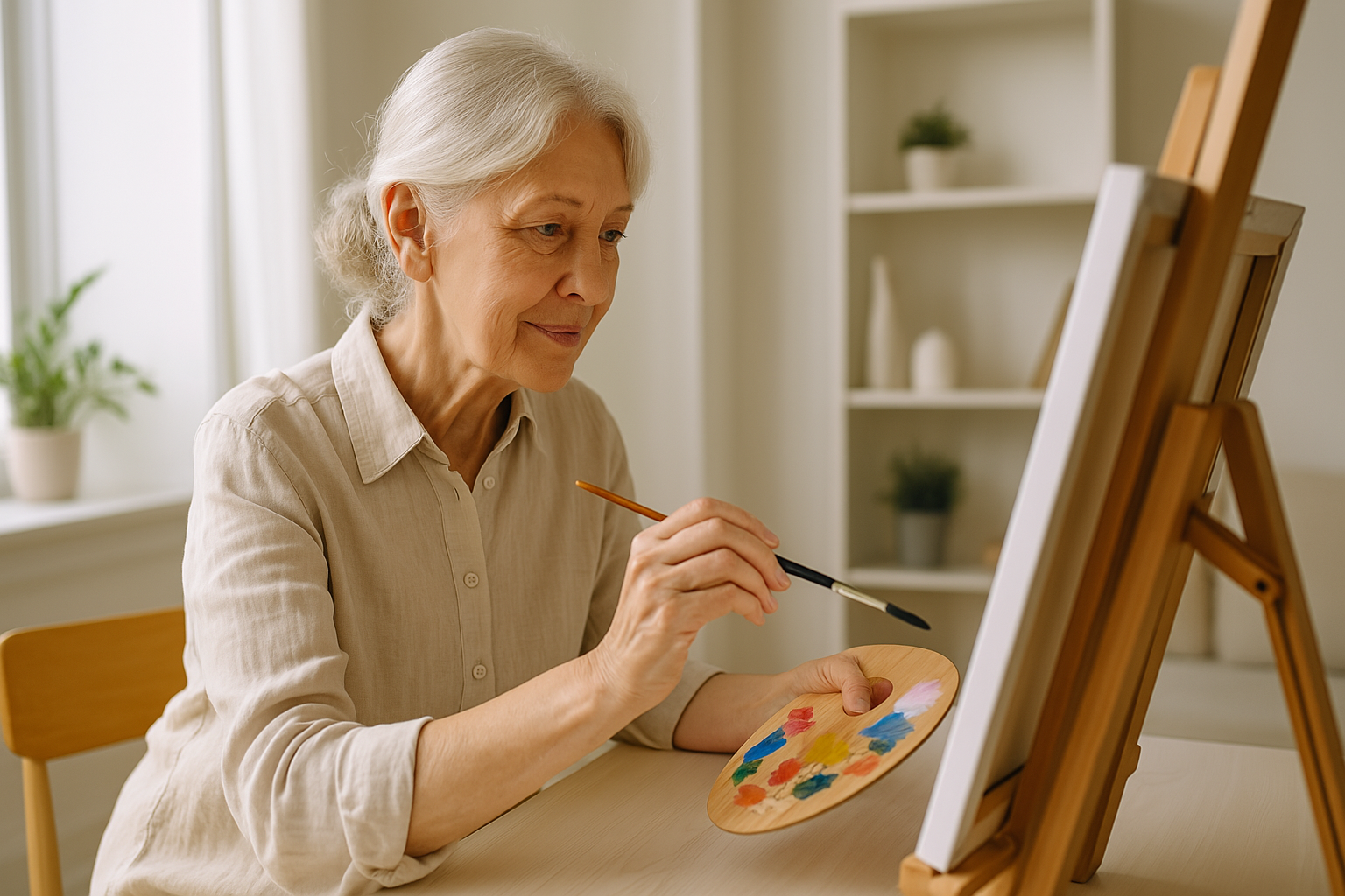 Seniorin malt in einem hellen Raum