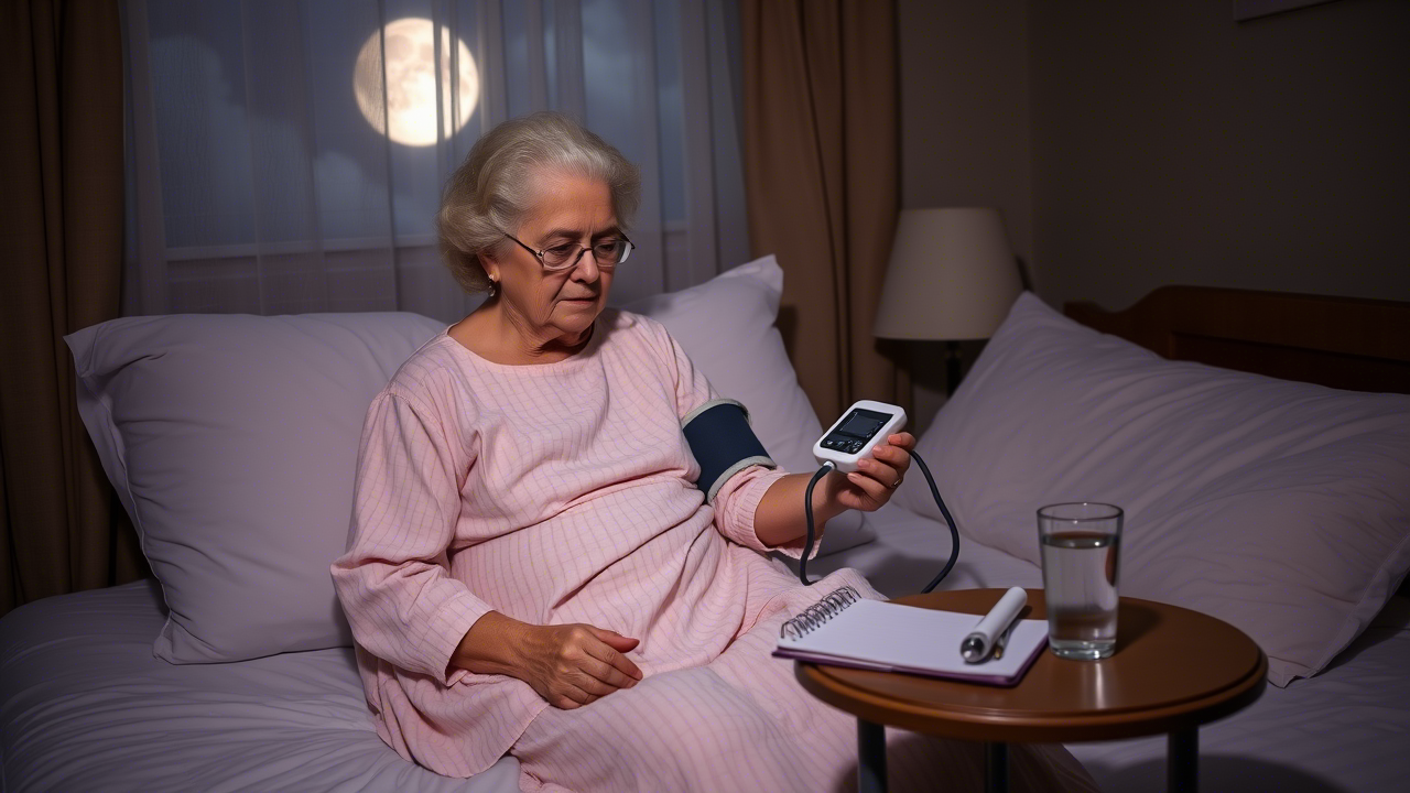 Seniorin misst nachts Blutdruck im Bett