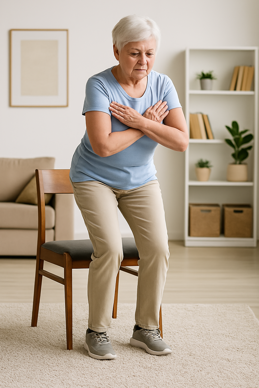 Seniorin steht ohne Hände vom Stuhl auf
