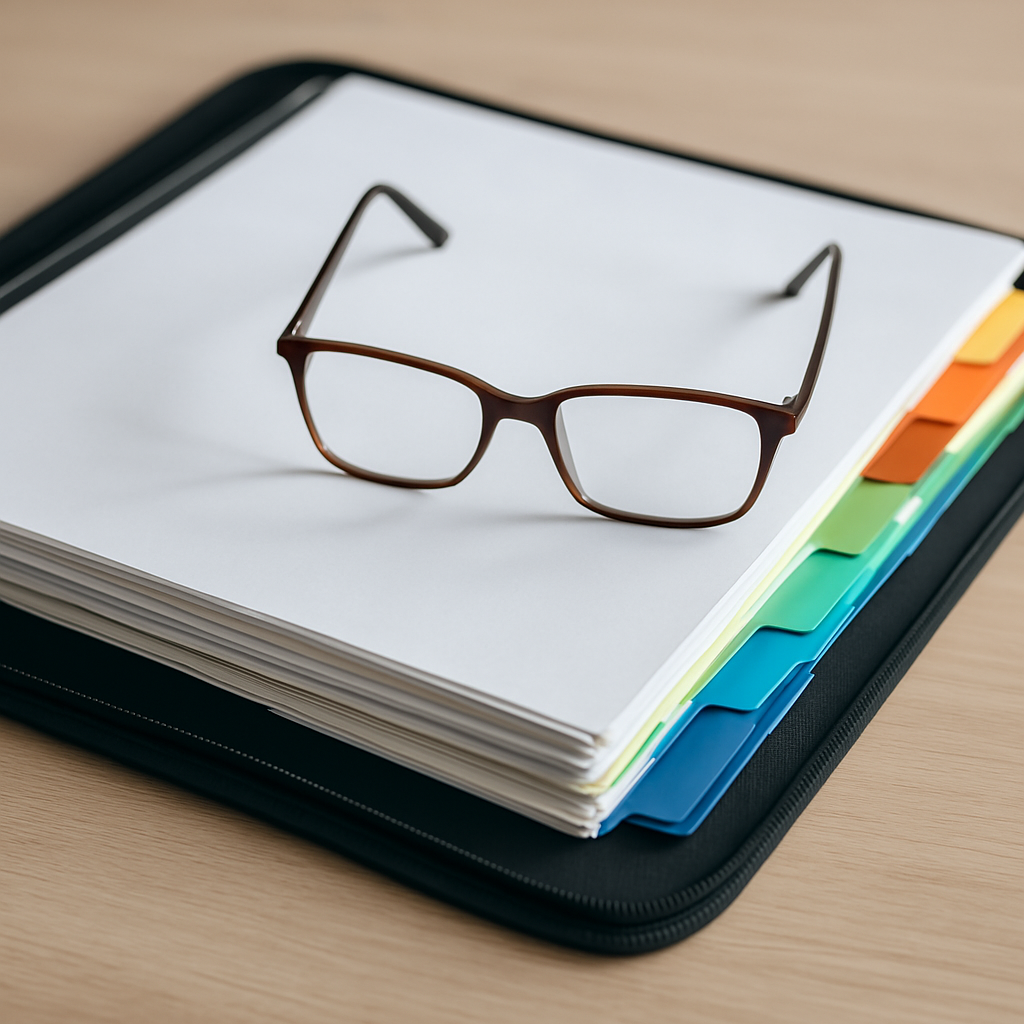 Sortierte Dokumentenmappe auf einem Tisch mit Lesebrille