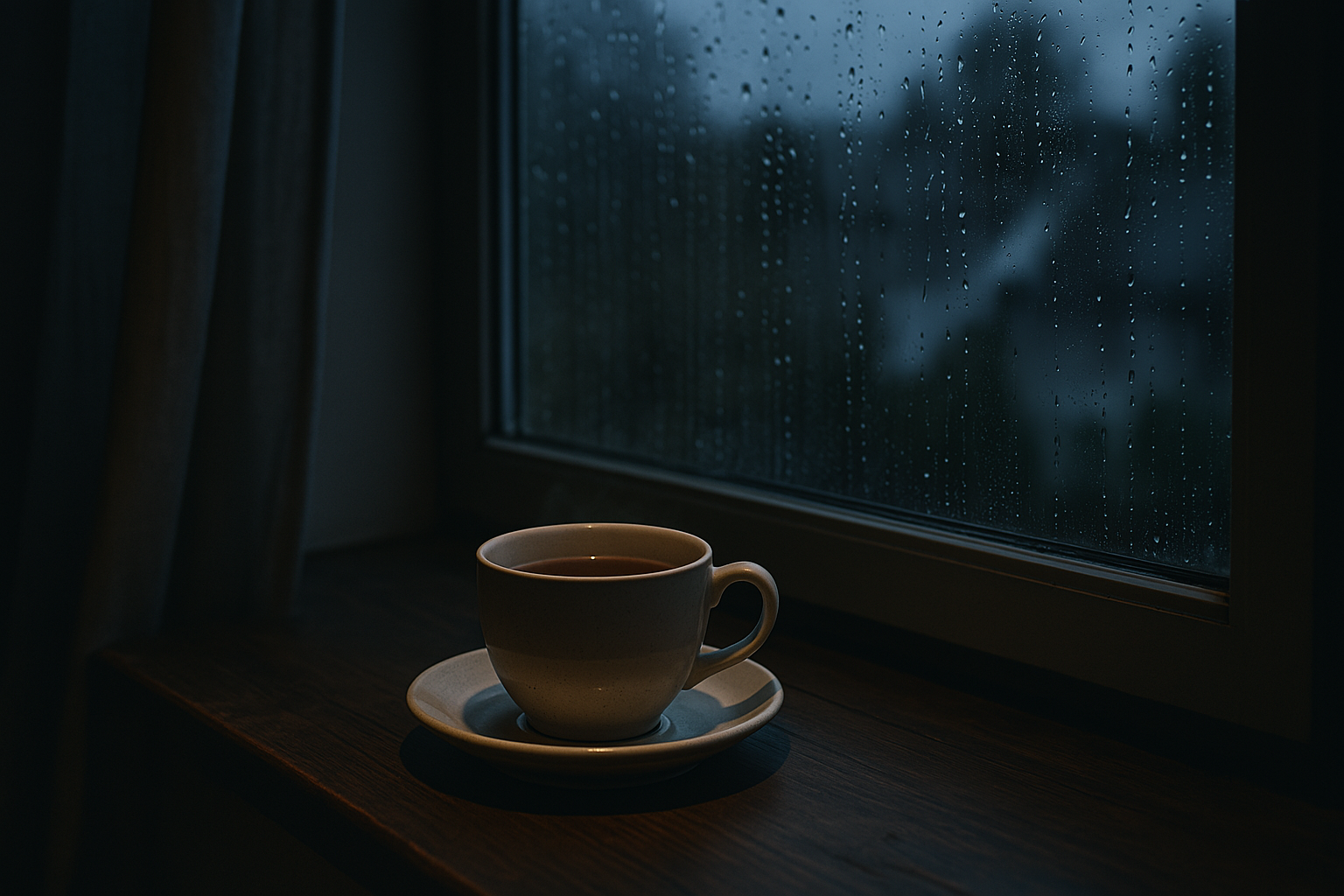 Tasse Tee am Fenster bei Regen – ruhiger Abendmoment