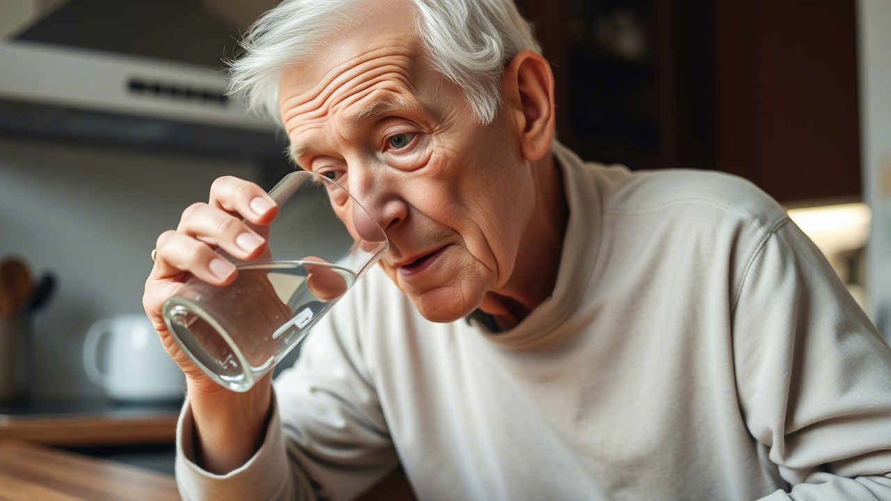 Wasser zu schnell trinken Senior trinkt hastig aus Glas